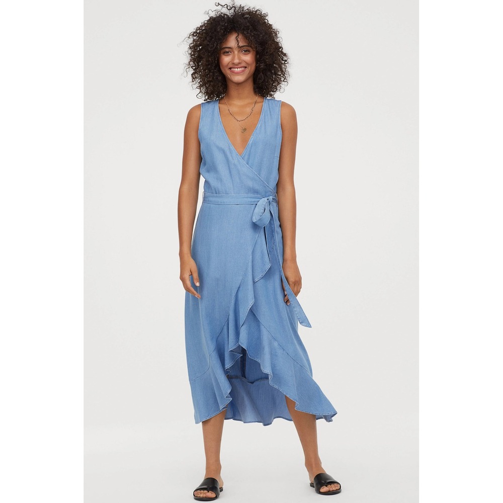 H&M &Denim Sleeveless Wrap Midi Dress Womens 6 Blue Excellent Lyocell Ruffle Hem